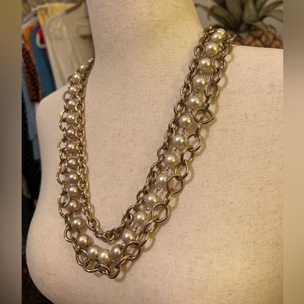 Vintage 90s Gold and Pearl Layered Chain Necklace EUC